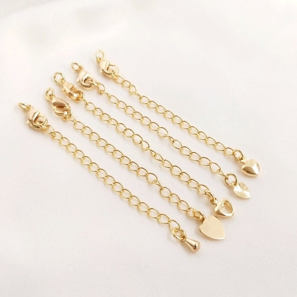 5pcs 14K Gold Extension Chain, Twisted Link Chain with Clasp, Teardrop Chain Extender, DIY Extender Chain with Heart Bead
