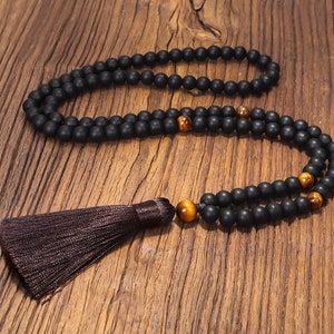 108 Prayer Mala Tassel Bead Necklace, Healing Black Obsidian Stone Beaded Necklace, Tiger's Eye Gemstone Mala Yoga Meditation Necklace