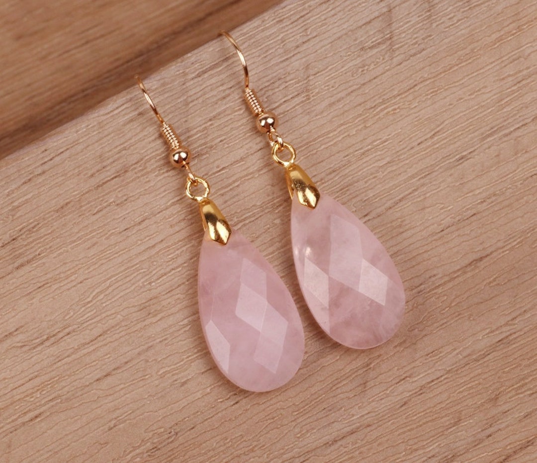 Rose Quartz Earrings, Teardrop Earrings, Natural Gemstone Healing Dangle Earrings, Faceted ...