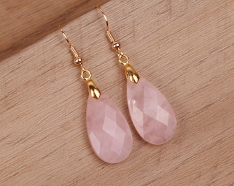 Rose Quartz Earrings, Teardrop Earrings, Natural Gemstone Healing Dangle Earrings, Faceted Crystal Drop Earrings, Meditation Earring