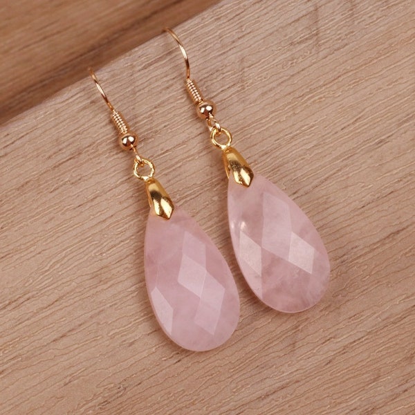 Boucles d'oreilles en quartz rose, boucles d'oreilles en forme de larme, boucles d'oreilles pendantes de guérison de pierres précieuses naturelles, boucles d'oreilles en cristal à facettes, boucle d'oreille de méditation