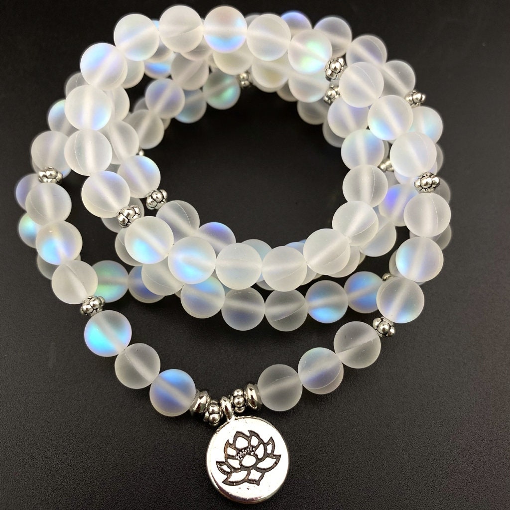 Mermaid Glass 8 mm Frosted Glowing Moonstone Beads Inner Peace Balance Healing Bracelet