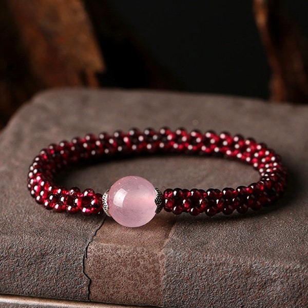 Natural Garnet Gemstone Bracelet, Healing Rose Quartz Crystal Bracelet, Spiritual Protection Reiki Bracelet, Grounding Bracelet