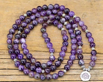 108 Beads Mala Prayer Necklace, Natural Amethyst Stone Necklace, Lotus Flower Grounding Healing Meditation Spiritual Protection Necklace