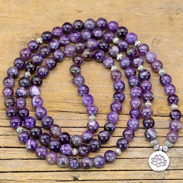 108 Beads Mala Prayer Necklace, Natural Amethyst Stone Necklace, Lotus Flower Grounding Healing Meditation Spiritual Protection Necklace