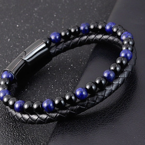 Men's Black Obsidian Stone Lapis Lazuli Healing Bracelet, Spiritual Protection Balance Meditation Bracelet, Anxiety Stress Relief Bracelet