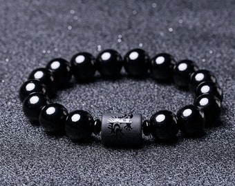 Obsidian Stone Healing Crystal Bracelet, Phoenix Inspirational Bracelet, Dragon Spiritual Protection Meditation Love Bracelet