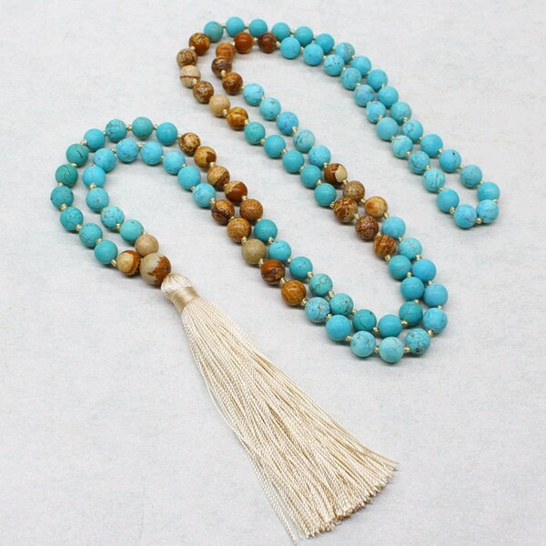 Natural Turquoise Gemstone Tassel Necklace, Picture Jasper Stone Necklace, 108 Beads Mala Prayer Necklace, Hand Knotted Mala Beads Necklace