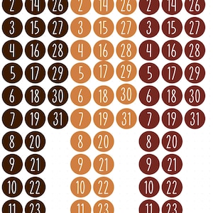 May include: A collection of circular stickers arranged in columns, featuring numbers from 1 to 31 printed in white. The stickers are organised into three distinct colour palettes: dark brown, light tan, and reddish-brown, each set containing the full sequence of numbers.