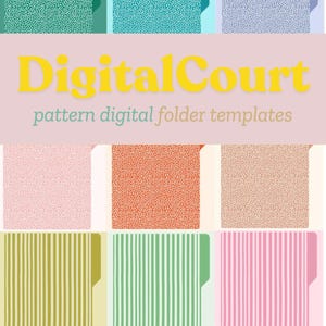 May include: Nine digital folder templates with different patterns. The patterns include green and white polka dots, blue and white polka dots, light blue and white polka dots, pink and white polka dots, orange and white polka dots, beige and white polka dots, green and white stripes, light green and white stripes, and pink and white stripes. The text "DigitalCourt pattern digital folder templates" is displayed below the folders.