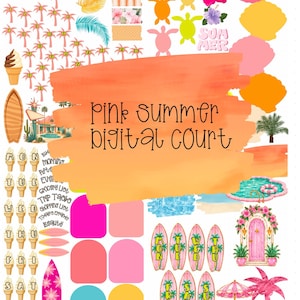 May include: A digital sticker sheet featuring summer-themed illustrations including palm trees, surfboards, ice cream cones, sea turtles, hibiscus flowers, and swimming pools. The text "pink summer digital court" is centered on an orange brushstroke.