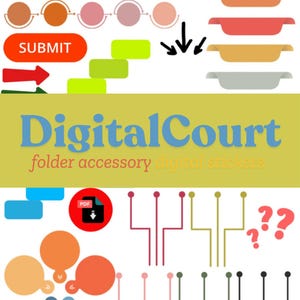 May include: Digital stickers for folders, featuring colorful circles, arrows, banners, and a PDF download icon. The text "DigitalCourt folder accessory digital stickers" is also included.