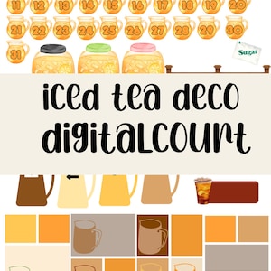 May include: An illustration featuring a collection of iced tea-themed graphics. The image includes numbered pitchers, iced tea glasses, and color swatches. Text reads "iced tea deco digitalcourt."