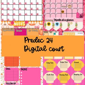 May include: A digital planner page featuring a monthly calendar with pink pumpkin icons, a section labeled "Month at a glance" with numbered dates, and various task lists including "Opportunities," "Goals," "Daily Tasks," and "Shopping List."