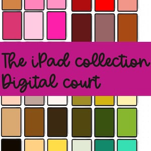 May include: A digital collection of rectangular tablet icons in various solid colors, arranged in a grid. A magenta banner across the center displays the black text: The iPad collection Digital court. Each icon features a thin stylus on the side.