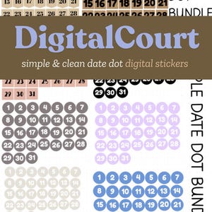 Peut inclure: Un lot d'autocollants numériques avec des points de date dans différentes couleurs, notamment gris, violet, bleu et beige. Les autocollants présentent les numéros 1 à 31, disposés en rangées de sept. Le texte "DATE DOT BUNDLE" est écrit verticalement sur le côté droit de l'image.