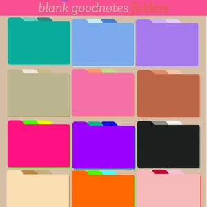 Puede incluir: Doce carpetas digitales en varios colores, incluyendo turquesa, azul claro, morado, beige, rosa, marrón, magenta, morado, negro, crema, naranja y rosa. Las carpetas están etiquetadas como "Digital Court blank goodnotes folders".