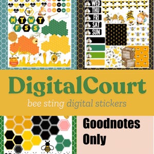 May include: Digital stickers for Goodnotes featuring a bee theme. The stickers include bees, honeycombs, and the text "bee sting digital stickers".