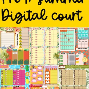 Può includere: Una collezione di modelli di pianificazione digitale colorati a tema estivo. I modelli includono sezioni per attività, budget e pianificazione settimanale, con elementi decorativi come palme e fiori tropicali. Testo: "Pre 17 summer Digital court".