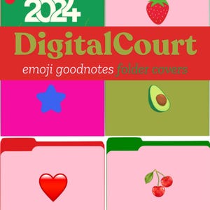 May include: Four colorful folder covers with emoji designs. The top left folder is green with red cherries and the text "2024". The top right folder is pink with a red strawberry. The bottom left folder is pink with a blue star. The bottom right folder is pink with two red cherries.