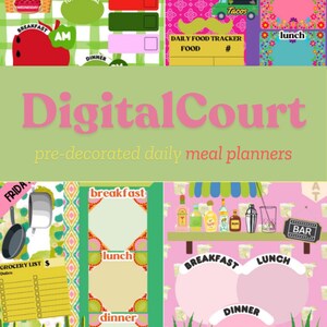 May include: A set of four digital printable daily meal planners with a green, pink, and yellow color scheme. The planners feature a variety of designs, including a cactus, a taco truck, and a bar. The text "DigitalCourt" is displayed in pink letters on a green background. The text "pre-decorated daily meal planners" is displayed in yellow letters on a green background.