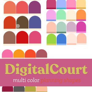 May include: A collection of colorful, rounded rectangular shapes in various shades, including pink, orange, green, and blue. The image also features the text "DigitalCourt" and "multi color planning shapes" in a pink banner.