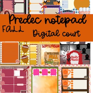 May include: A digital notepad with a fall theme. The notepad features various layouts, including daily plans, schedules, and wellness trackers. The design incorporates pumpkins, autumn leaves, and the text "Predec notepad FALL Digital court."