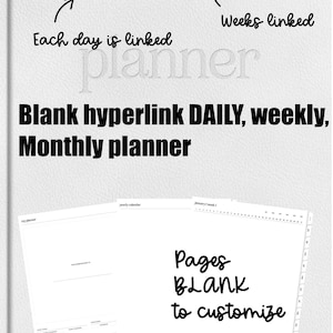 May include: A white planner with the text "planner" embossed on the cover. The planner includes linked daily, weekly, and monthly sections. The pages are blank and customizable. The top of the planner shows the month and week numbers.