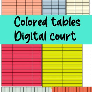 May include: A digital graphic featuring several rectangular tables in various colors, including peach, blue, yellow, red, green, and orange. The text "Colored tables Digital court" is displayed in a bold, black font across a teal banner.