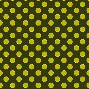 Peut inclure: Un motif r&eacute;p&eacute;titif compos&eacute; de cercles vert citron dispos&eacute;s en grille sur un fond vert olive fonc&eacute;. Chaque cercle pr&eacute;sente un bord l&eacute;g&egrave;rement textur&eacute; et us&eacute;, cr&eacute;ant un design g&eacute;om&eacute;trique uniforme sur toute la surface de l'image.