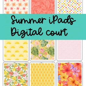 Puede incluir: Una colección de fondos de pantalla digitales para iPad con diseños de verano. Los diseños incluyen soles, hojas de palma, patrones de cuadros y arreglos florales en varios colores. El texto en una pancarta turquesa dice "Summer iPads Digital court."