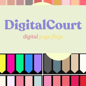 May include: Digital page flags in a variety of colors, including yellow, pink, green, blue, purple, gray, and white. The flags are arranged in two rows, with the top row showing the flags in their full length and the bottom row showing the flags with the bottom portion cut off to form a point. The text "DigitalCourt" and "digital page flags" is displayed in the center of the image.