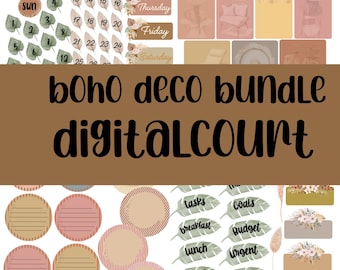 May include: A digital planner sticker set with a boho theme. The set includes stickers for days of the week, dates, and various tasks. The color palette features earthy tones like beige, brown, and green.