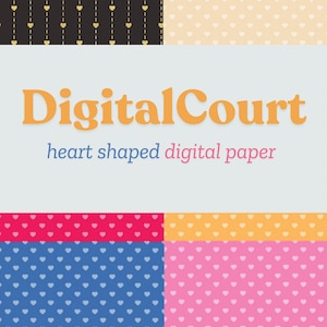 May include: Digital Court heart shaped digital paper. A set of six digital papers with different colored backgrounds and white heart patterns.