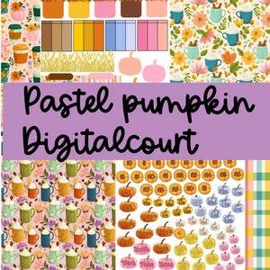 May include: A digital sticker sheet collection featuring autumn-themed patterns with coffee cups, pumpkins, and fall foliage. The set includes functional planner elements like color-coded boxes, date markers, and labels with the text Pastel pumpkin Digitalcourt.