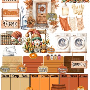 May include: A digital planner sheet featuring autumn-themed cleaning and organisation graphics, including gnomes, pumpkins, laundry equipment, cleaning supplies, and text labels like Laundry Day, Clean, Prep, and Morning Routine on orange backgrounds.