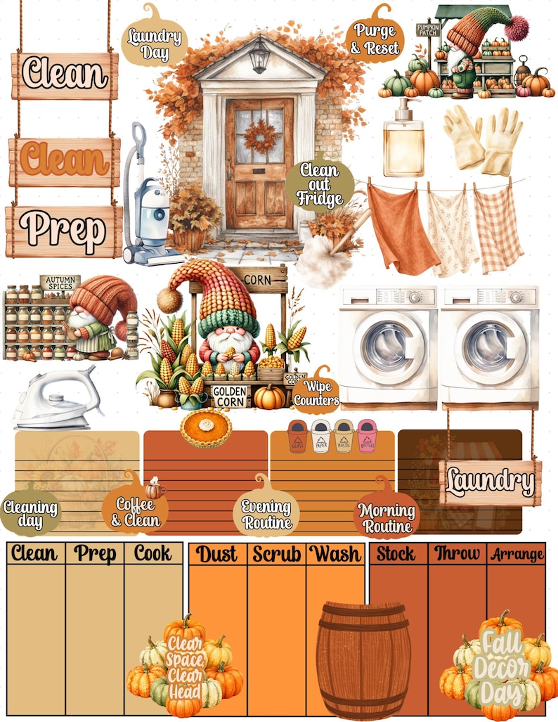May include: A digital planner sheet featuring autumn-themed cleaning and organisation graphics, including gnomes, pumpkins, laundry equipment, cleaning supplies, and text labels like Laundry Day, Clean, Prep, and Morning Routine on orange backgrounds.