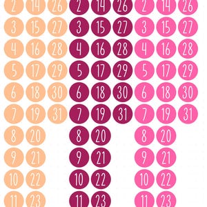 May include: A collection of circular stickers arranged in three vertical columns, each featuring numbers from 1 to 31 in a white sans-serif font. The first column is light peach, the second is deep burgundy, and the third is bright pink.