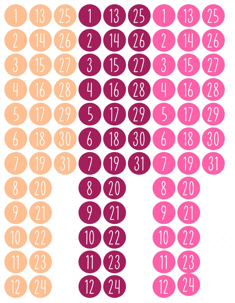 May include: A collection of circular stickers arranged in three vertical columns, each featuring numbers from 1 to 31 in a white sans-serif font. The first column is light peach, the second is deep burgundy, and the third is bright pink.