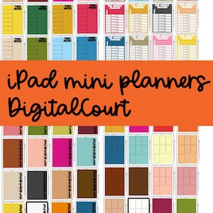 以下が含まれることがあります： さまざまなデザインのカラフルなiPad miniプランナーのコレクション。プランナーには、毎週の追跡とスケジュール設定のためのレイアウトがあり、「This Week」と「Schedule」というテキストが表示されます。画像には「iPad mini planners DigitalCourt」というテキストも含まれています。