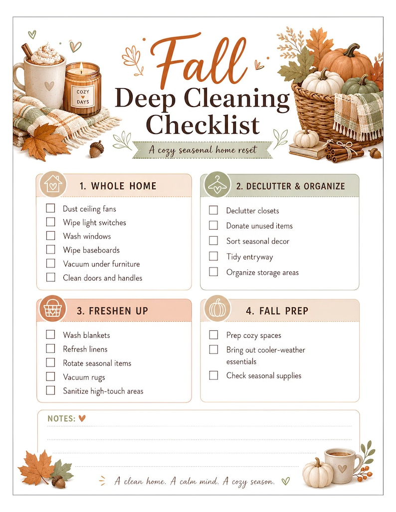 May include: A Fall Deep Cleaning Checklist featuring four sections: Whole Home, Declutter & Organize, Freshen Up, and Fall Prep. The document includes illustrations of pumpkins, a mug, a candle, and autumn leaves, with a notes section at the bottom.