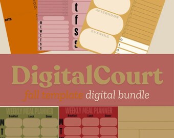 May include: A digital planner bundle with a fall theme. The bundle includes a daily planner, a weekly task tracker, and two weekly meal planners. The planners are in various colors, including pink, orange, yellow, green, and red.