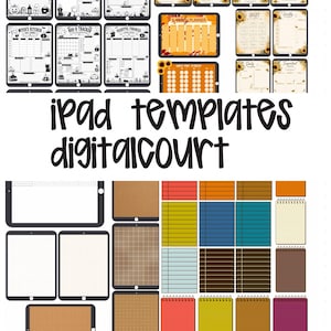 May include: A collection of digital iPad templates featuring black and white Halloween-themed pages, sunflower-decorated planner sheets, and various colored grid and lined note-taking layouts. The text reads iPad templates digitalcourt.