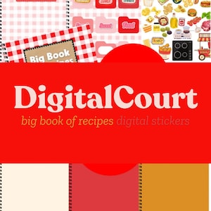 Könnte beinhalten: Ein rot-weiß karierter digitaler Planer mit dem Text "Big Book" und "DigitalCourt großes Rezeptbuch digitale Sticker". Der Planer hat einen roten Hintergrund mit einem weißen Kreis in der Mitte. Der Planer ist in drei Abschnitte unterteilt: einen weißen Abschnitt, einen roten Abschnitt und einen gelben Abschnitt. Der Planer hat eine schwarze Spiralbindung.