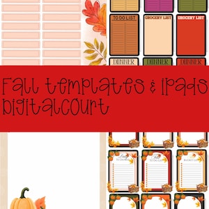 May include: A digital planner template set featuring an Inbox page with autumn leaves, various To Do and Grocery lists in orange, purple, green, and black, and blank pages decorated with pumpkins and fall foliage, labeled Fall templates & ipads digitalcourt.