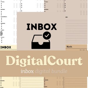 Puede incluir: Un paquete de planificadores digitales con el texto "DigitalCourt inbox digital bundle" y "INBOX" en un cuadro negro con una marca de verificación. El planificador tiene un fondo beige con líneas negras y casillas de verificación.