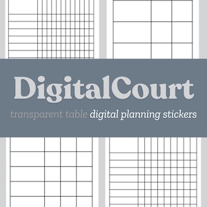 May include: Four digital planner stickers with transparent table grids. The stickers are black and white and have a simple design. The text "DigitalCourt" is at the top of the image.