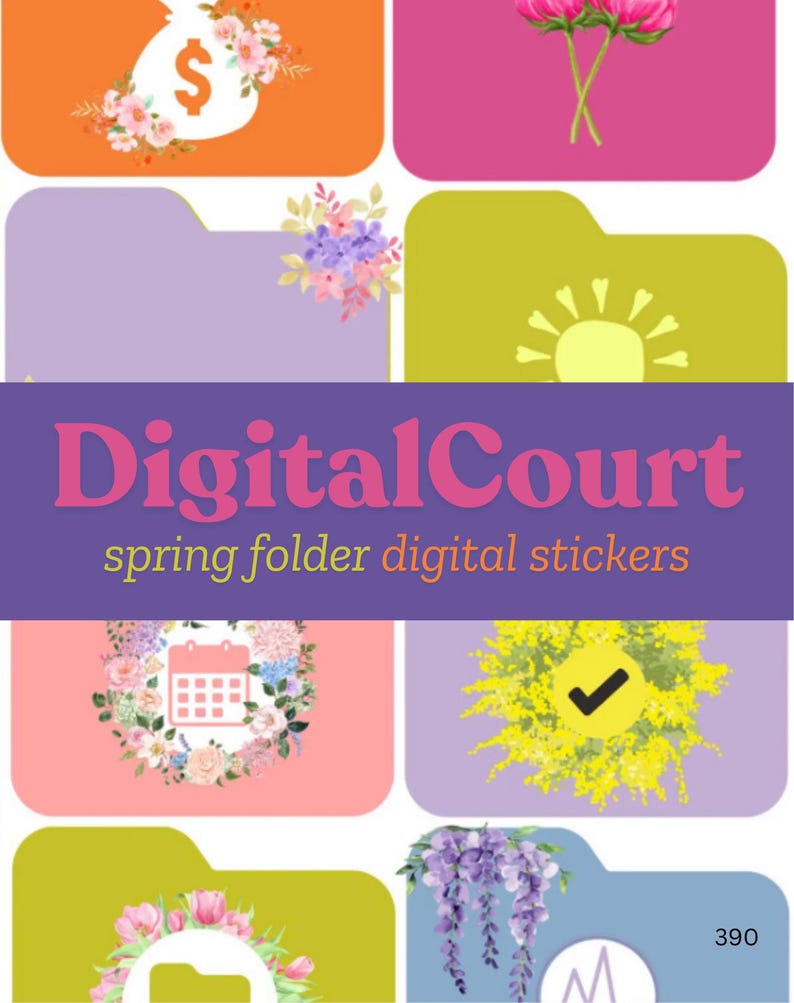 Peut inclure: Autocollants num&eacute;riques pour dossiers sur le th&egrave;me du printemps. Les autocollants pr&eacute;sentent des motifs floraux, un calendrier, une coche, un soleil, un sac d'argent et une ic&ocirc;ne de dossier. Le texte "DigitalCourt spring folder digital stickers" est affich&eacute; sur l'image.