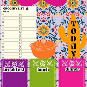May include: A printable daily meal planner with a Mexican theme. The planner includes a grocery list, a section for breakfast, lunch, and dinner, and a colorful floral background.