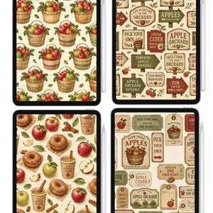 Peut inclure: Quatre tablettes affichant des motifs num&eacute;riques : un avec des paniers de pommes, un avec des panneaux de verger, un avec des pommes, des beignets et des tasses de cidre, et un avec des &eacute;tiquettes de verger vintage. Un stylet est fix&eacute; sur le c&ocirc;t&eacute;.